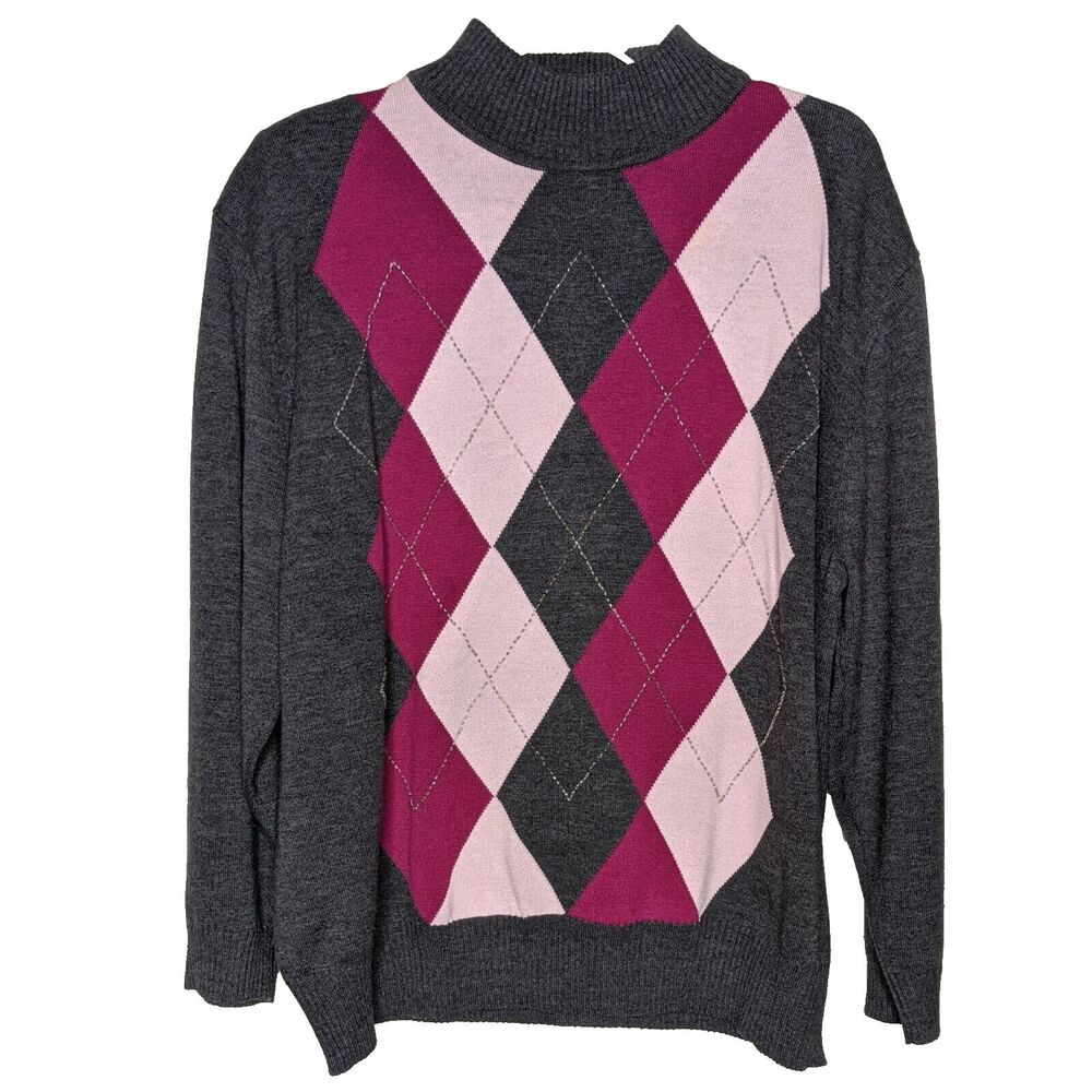 VTG Dressbarn Knit Sweater Size 22/24 Gray Pink Argyle Mock Turtleneck Preppy